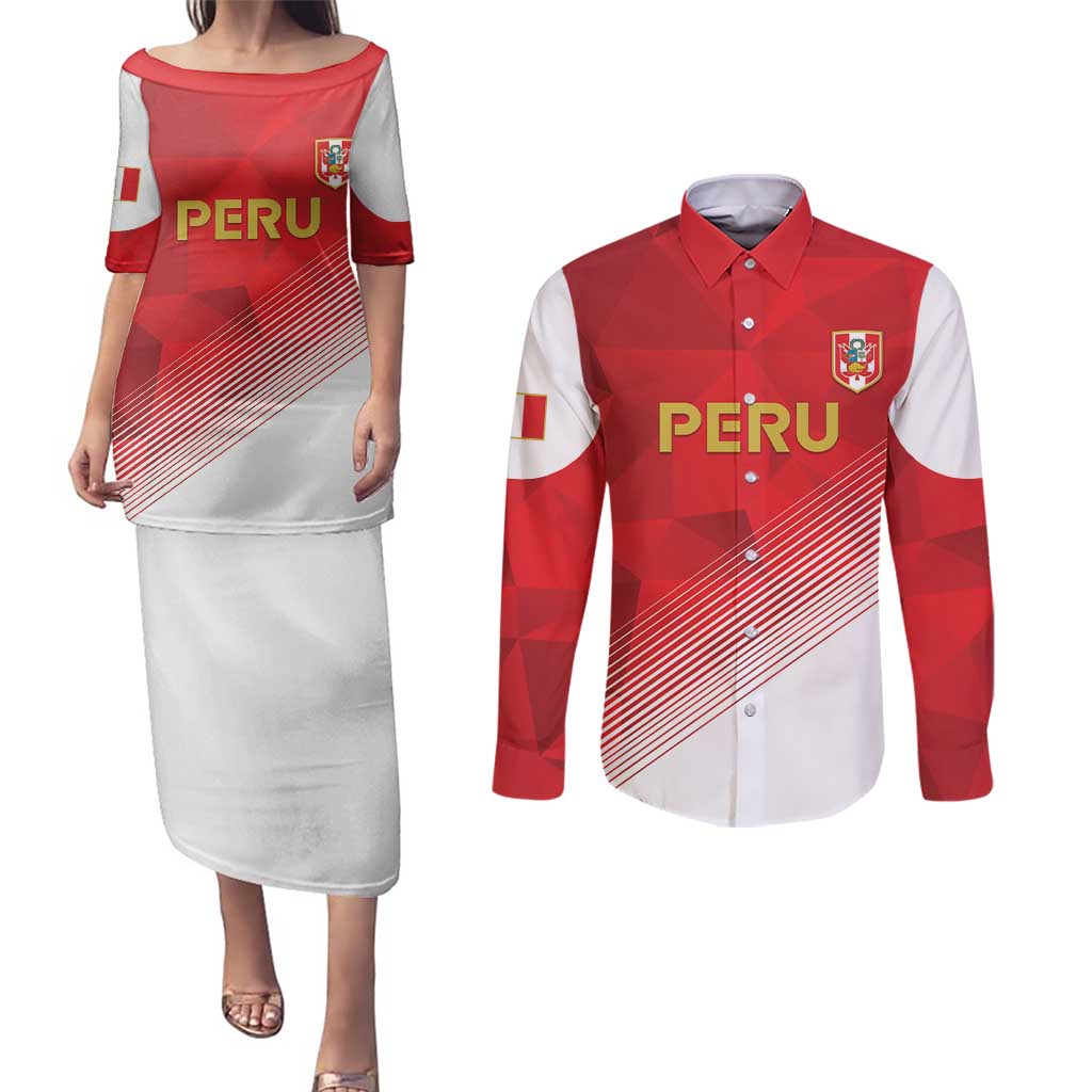 Custom Peru Football Couples Matching Puletasi and Long Sleeve Button Shirt Sporty Style