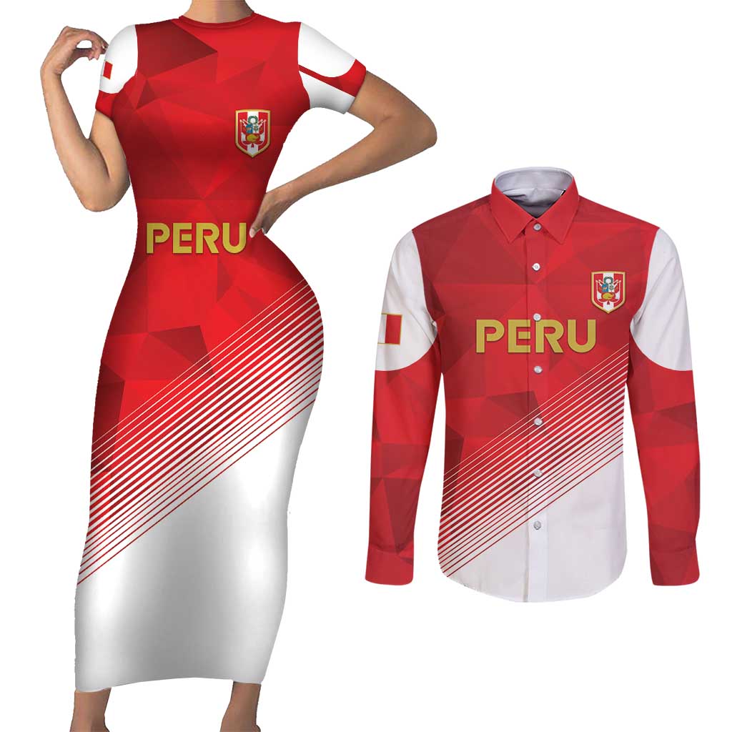 Custom Peru Football Couples Matching Short Sleeve Bodycon Dress and Long Sleeve Button Shirt Sporty Style