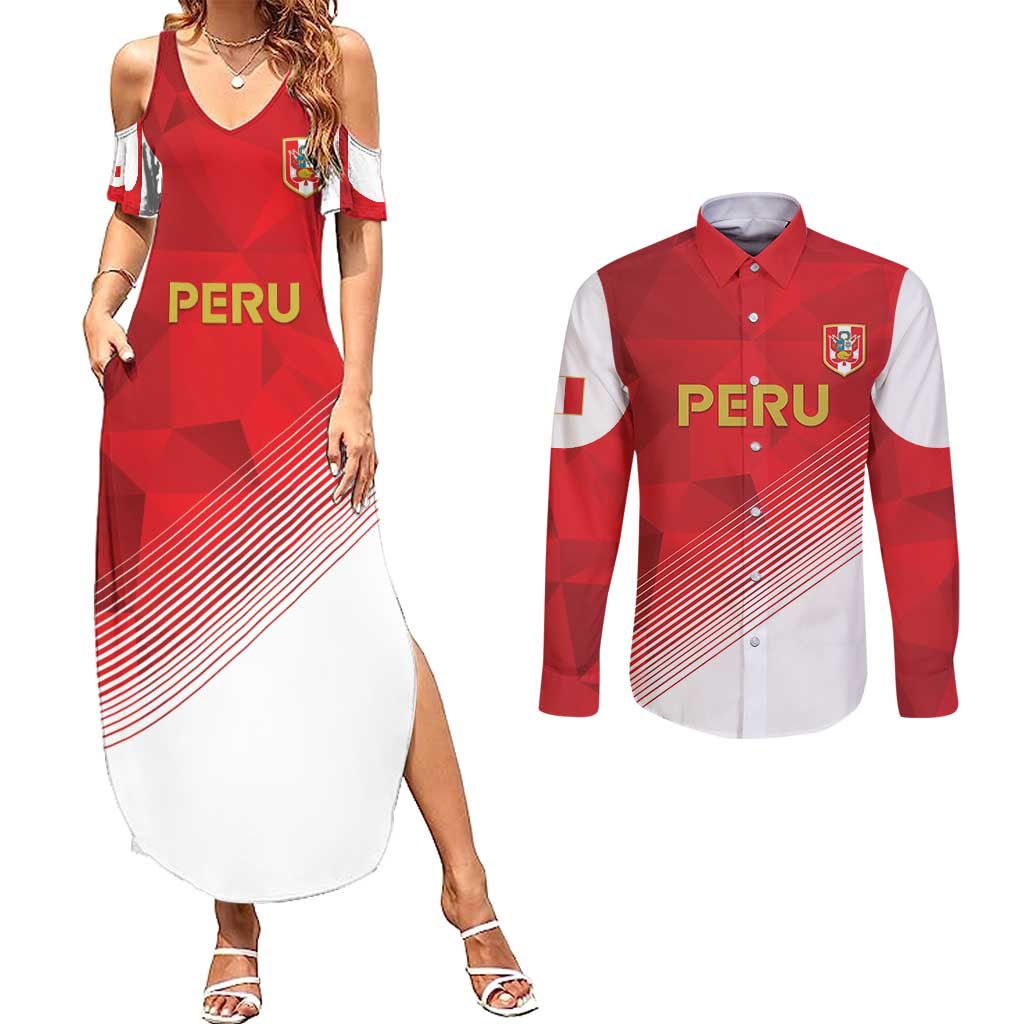 Custom Peru Football Couples Matching Summer Maxi Dress and Long Sleeve Button Shirt Sporty Style