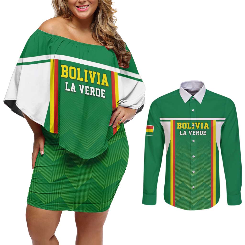 Custom Bolivia Football Couples Matching Off Shoulder Short Dress and Long Sleeve Button Shirt Go Champions La Verde Green Version