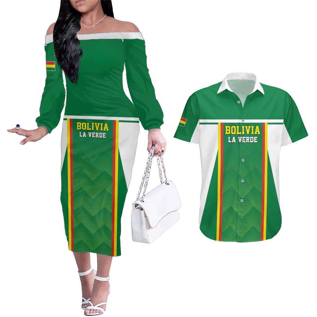 Custom Bolivia Football Couples Matching Off The Shoulder Long Sleeve Dress and Hawaiian Shirt Go Champions La Verde Green Version