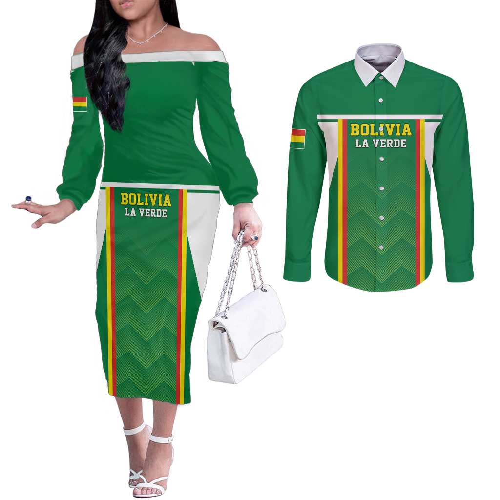 Custom Bolivia Football Couples Matching Off The Shoulder Long Sleeve Dress and Long Sleeve Button Shirt Go Champions La Verde Green Version