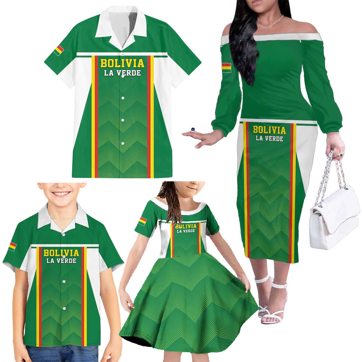 Custom Bolivia Football Family Matching Off The Shoulder Long Sleeve Dress and Hawaiian Shirt Go Champions La Verde Green Version