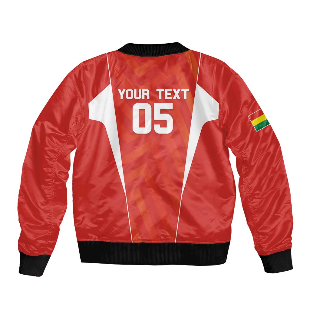 Red football bomber jacket, back graphic with YOUR TEXT 05, ribbed hem and cuffs