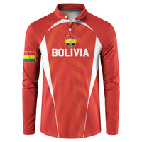 Red football sweatshirt with button placket, BOLIVIA front graphic and flag stripes.