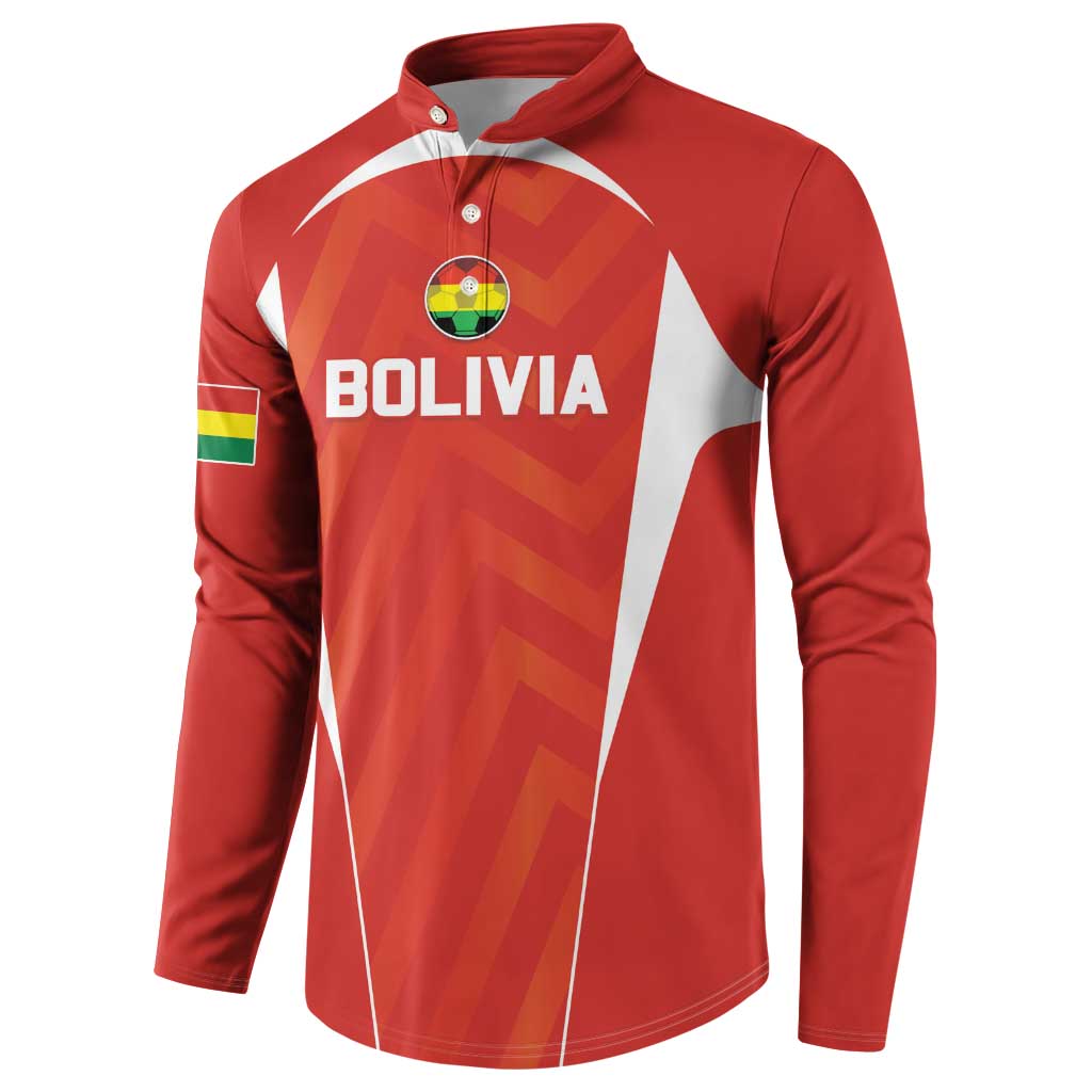 Red football sweatshirt with button placket, BOLIVIA chest graphic and side flag patch.