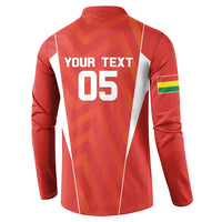 Red football sweatshirt back with YOUR TEXT 05 graphic and side flag patch.