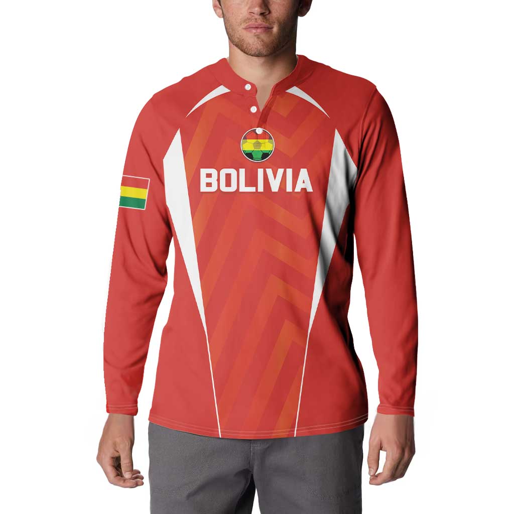 Red football sweatshirt with BOLIVIA chest graphic and buttoned collar, long sleeves.