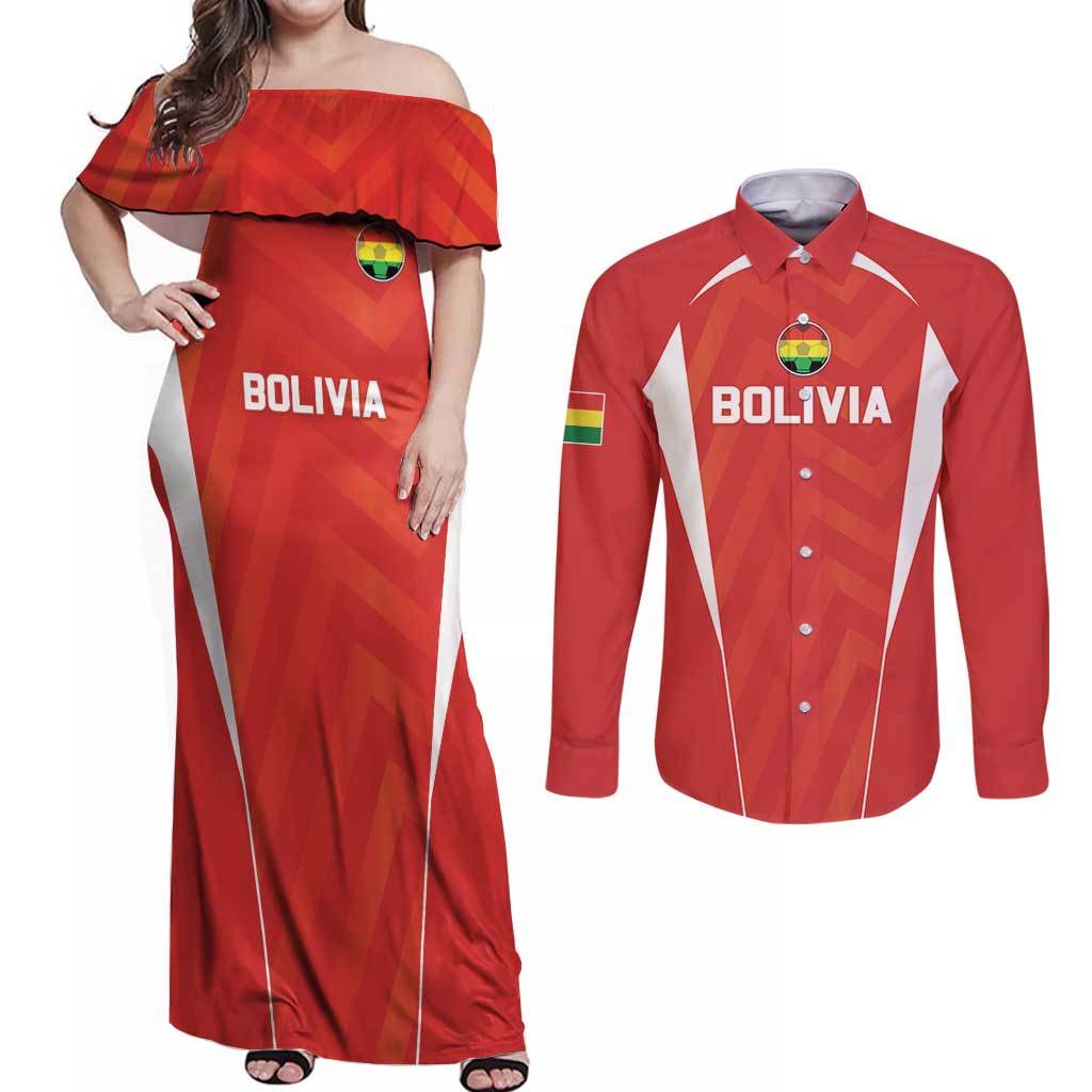 Custom Bolivia Football Couples Matching Off Shoulder Maxi Dress and Long Sleeve Button Shirt Go Champions La Verde Red Version