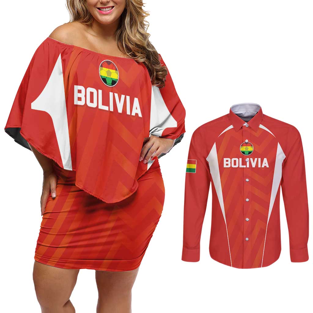 Custom Bolivia Football Couples Matching Off Shoulder Short Dress and Long Sleeve Button Shirt Go Champions La Verde Red Version