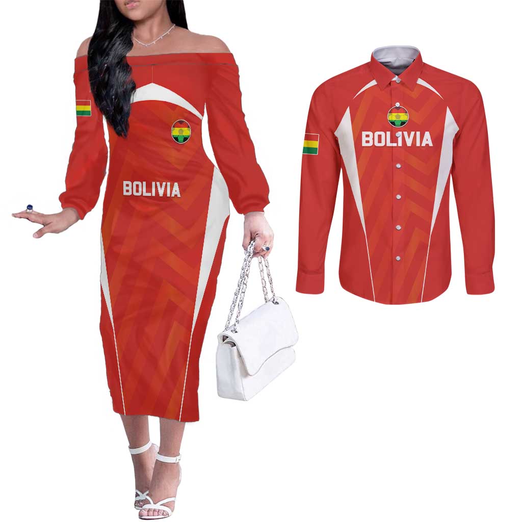 Custom Bolivia Football Couples Matching Off The Shoulder Long Sleeve Dress and Long Sleeve Button Shirt Go Champions La Verde Red Version