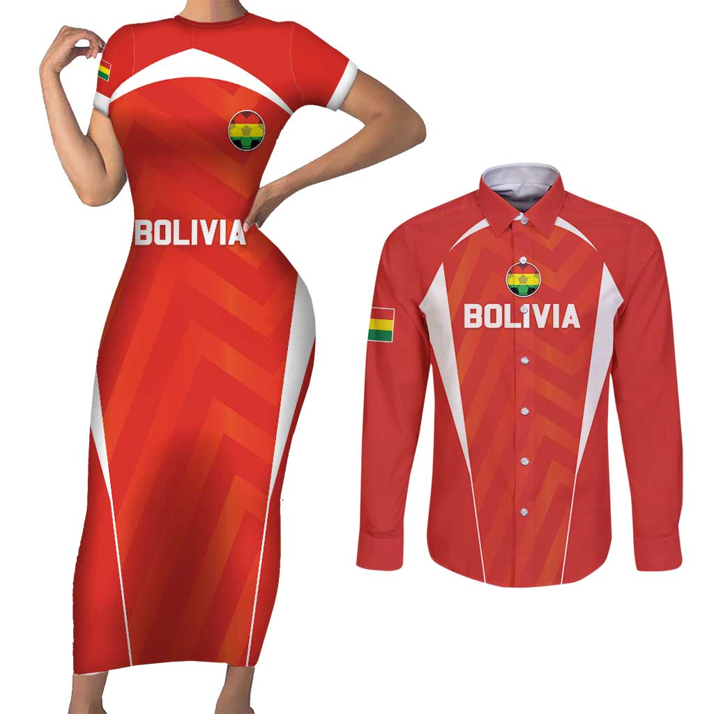 Custom Bolivia Football Couples Matching Short Sleeve Bodycon Dress and Long Sleeve Button Shirt Go Champions La Verde Red Version