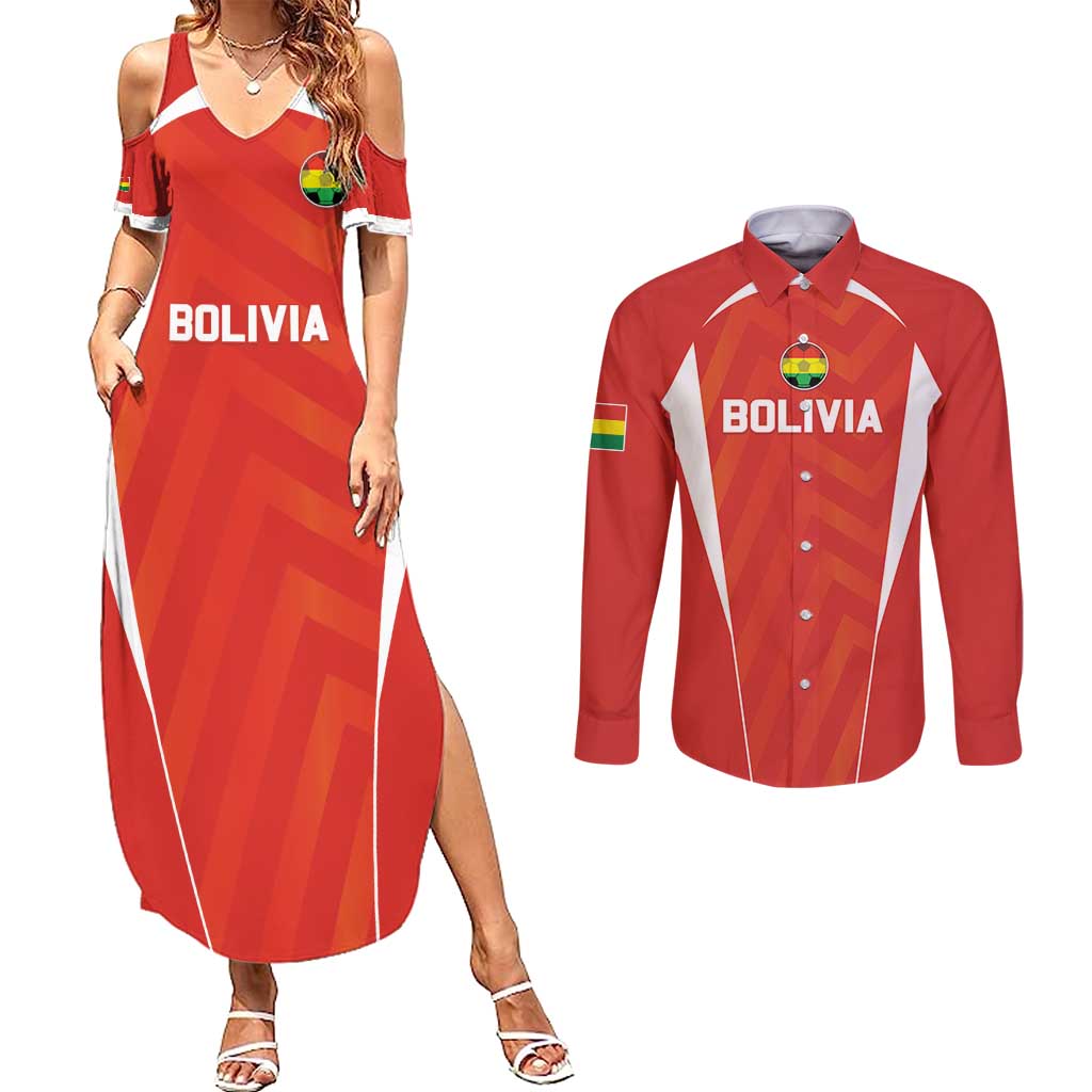 Custom Bolivia Football Couples Matching Summer Maxi Dress and Long Sleeve Button Shirt Go Champions La Verde Red Version