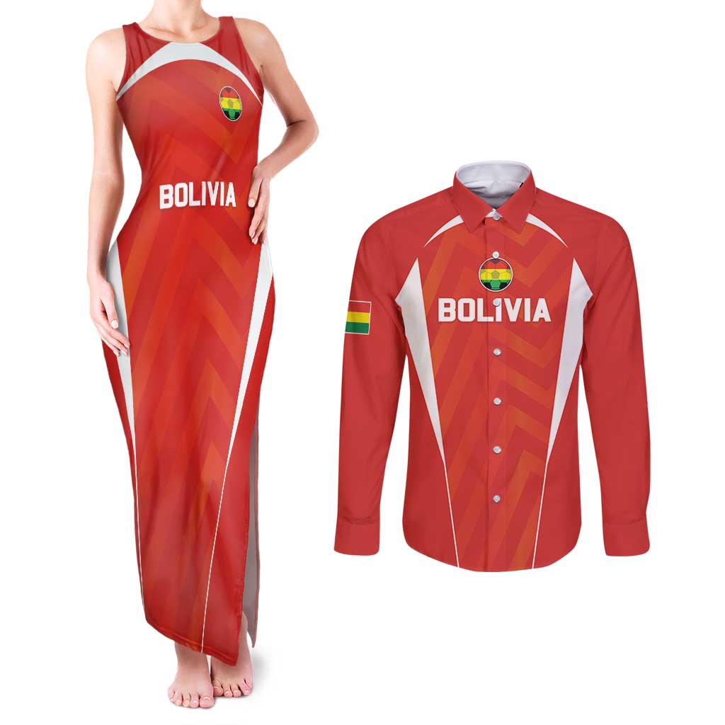 Custom Bolivia Football Couples Matching Tank Maxi Dress and Long Sleeve Button Shirt Go Champions La Verde Red Version