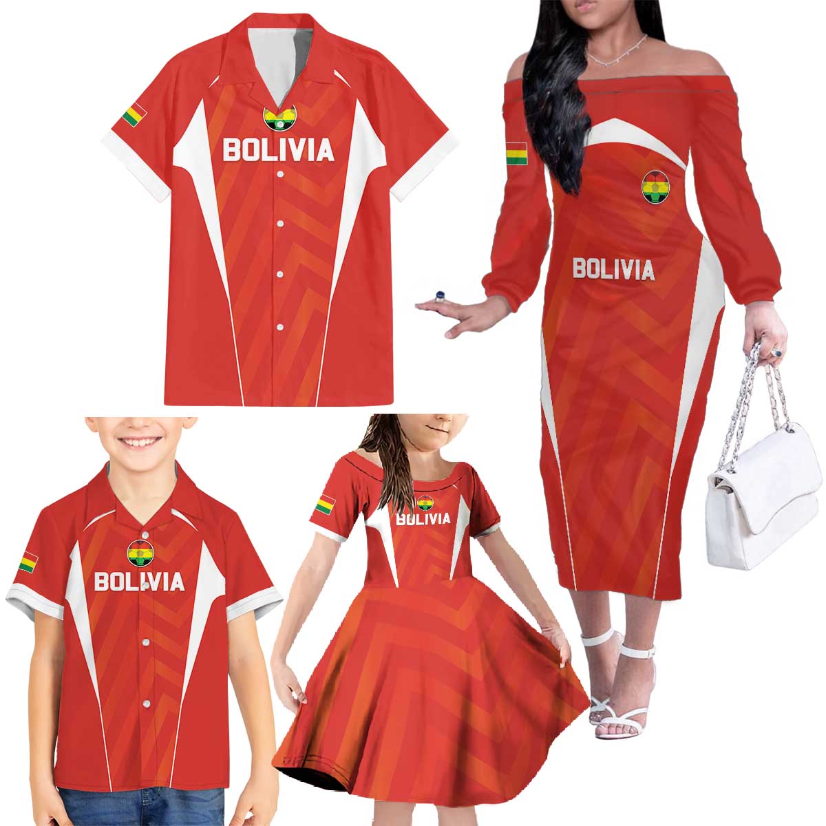 Custom Bolivia Football Family Matching Off The Shoulder Long Sleeve Dress and Hawaiian Shirt Go Champions La Verde Red Version