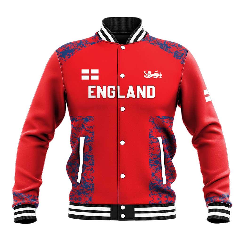 Red England baseball varsity jacket with snap buttons, striped rib collar, front graphic