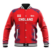 Red England baseball varsity jacket with snap buttons, striped rib collar, front graphic