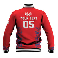 Red baseball varsity jacket, striped rib collar, back 'YOUR TEXT 05' with lion emblem