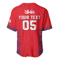 Red baseball jersey back with three lions crest, YOUR TEXT, and 05 graphic