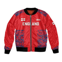 Red zip-up bomber jacket with blue patterned panels and England logo, ribbed cuffs