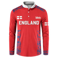 Red cricket button sweatshirt with white collar, England lettering and lion crest
