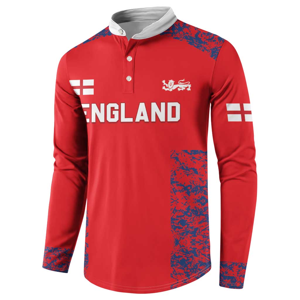 Red cricket button sweatshirt with white collar, England front graphic and blue side print