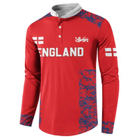 Red cricket button sweatshirt with white collar, England front graphic and blue side print