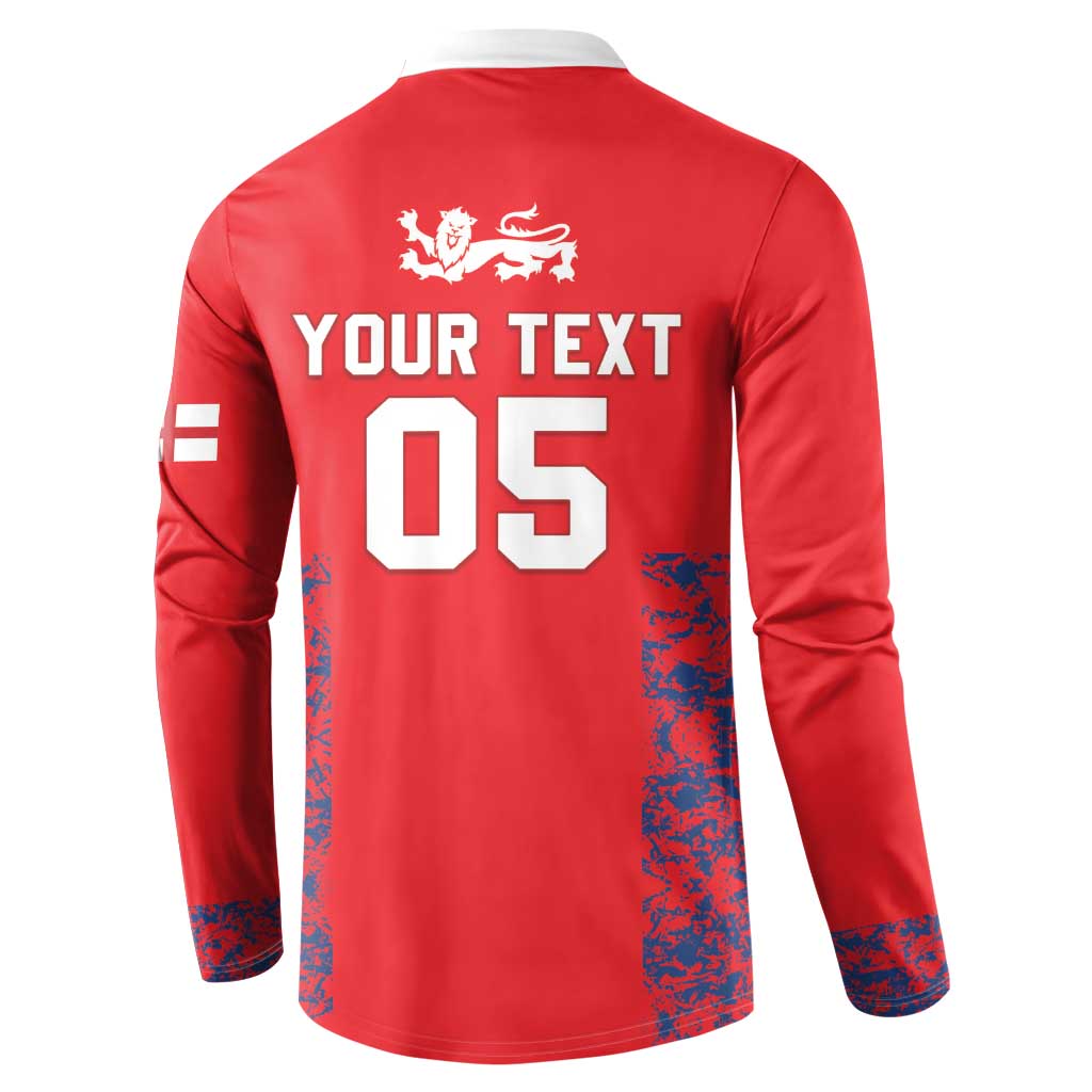 Red cricket button sweatshirt back with lion crest, large YOUR TEXT 05 design