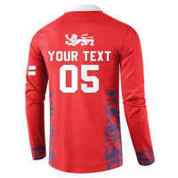 Red cricket button sweatshirt back with lion crest, large YOUR TEXT 05 design