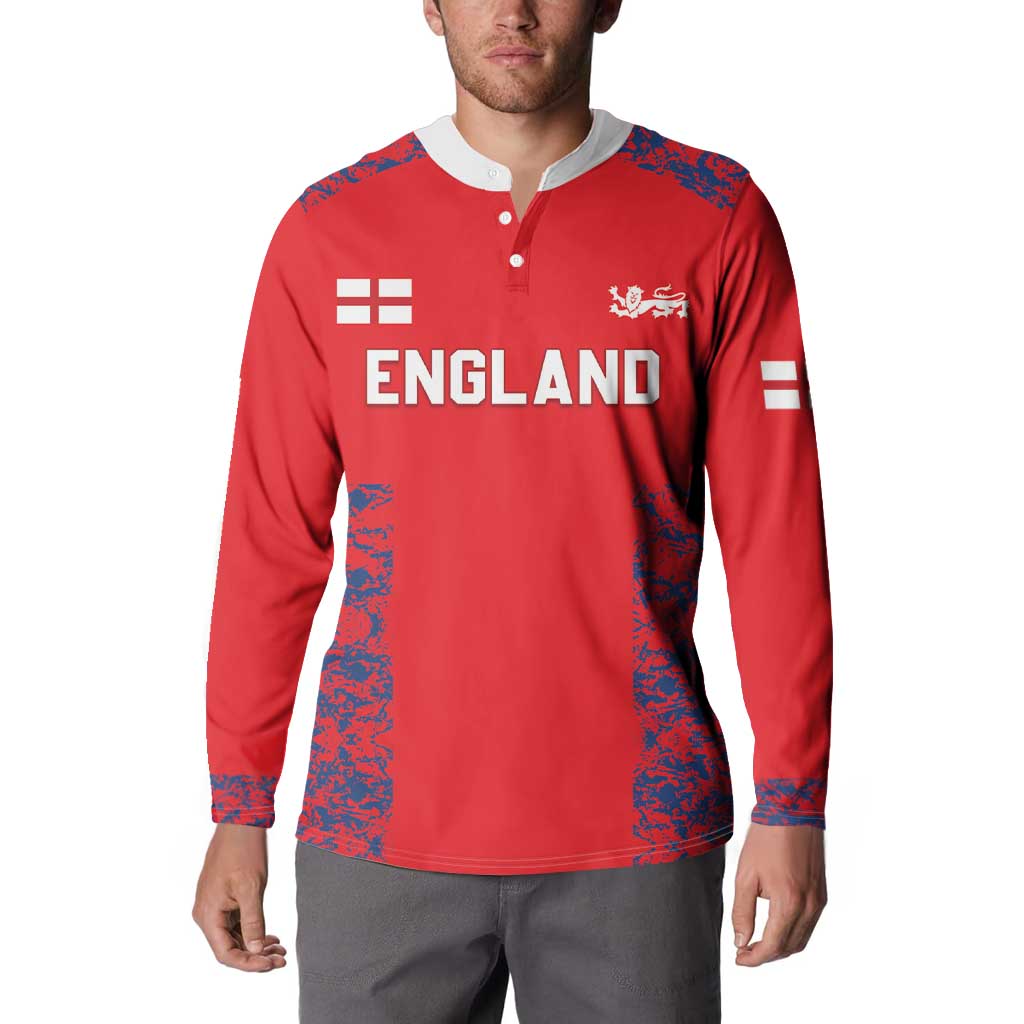 Red cricket button sweatshirt with white collar, England front graphic and blue side panels