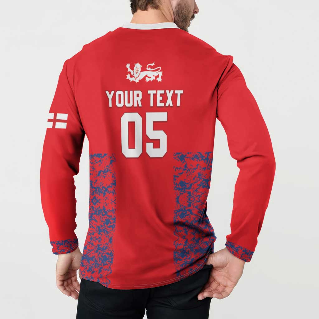 Red cricket button sweatshirt back with lion crest and large YOUR TEXT 05 print