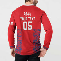 Red cricket button sweatshirt back with lion crest and large YOUR TEXT 05 print