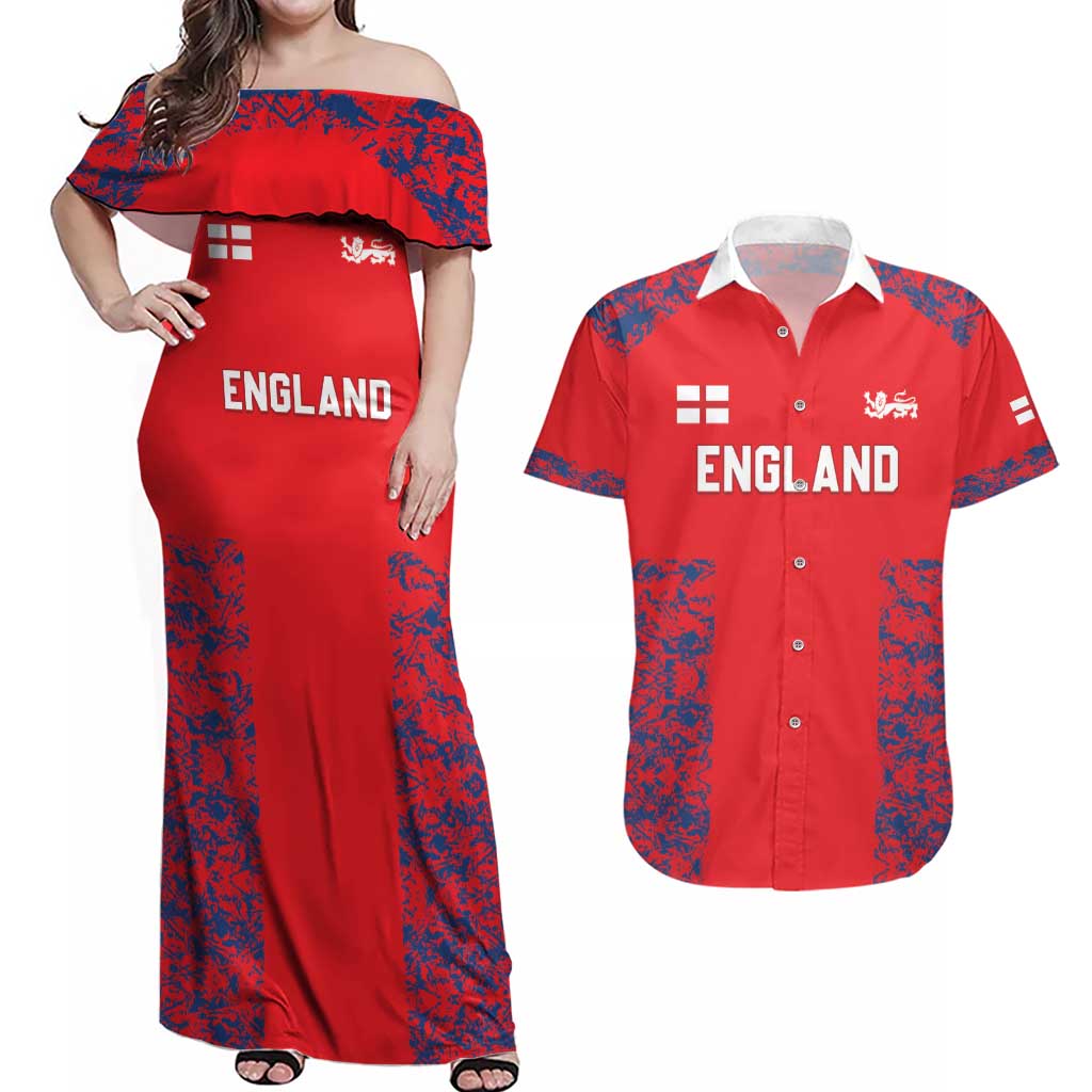 Custom England Cricket Couples Matching Off Shoulder Maxi Dress and Hawaiian Shirt Go Three Lions Simple Style LT05 - Wonder Print Shop