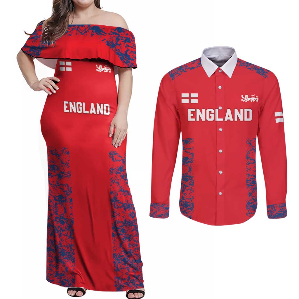 Custom England Cricket Couples Matching Off Shoulder Maxi Dress and Long Sleeve Button Shirt Go Three Lions Simple Style LT05 - Wonder Print Shop