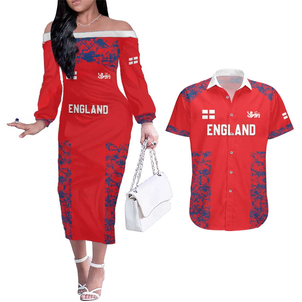 Custom England Cricket Couples Matching Off The Shoulder Long Sleeve Dress and Hawaiian Shirt Go Three Lions Simple Style LT05 - Wonder Print Shop