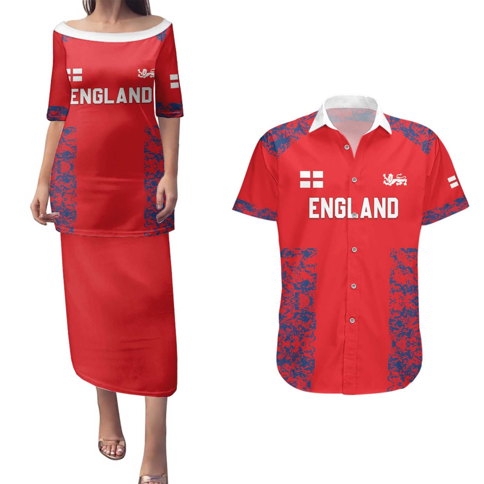 Custom England Cricket Couples Matching Puletasi and Hawaiian Shirt Go Three Lions Simple Style LT05 - Wonder Print Shop