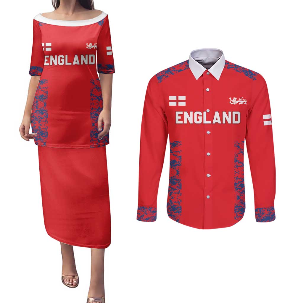 Custom England Cricket Couples Matching Puletasi and Long Sleeve Button Shirt Go Three Lions Simple Style LT05 - Wonder Print Shop