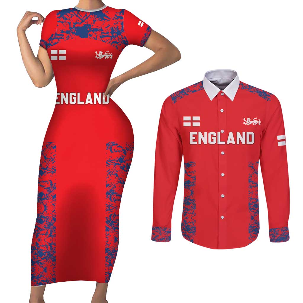 Custom England Cricket Couples Matching Short Sleeve Bodycon Dress and Long Sleeve Button Shirt Go Three Lions Simple Style LT05 - Wonder Print Shop