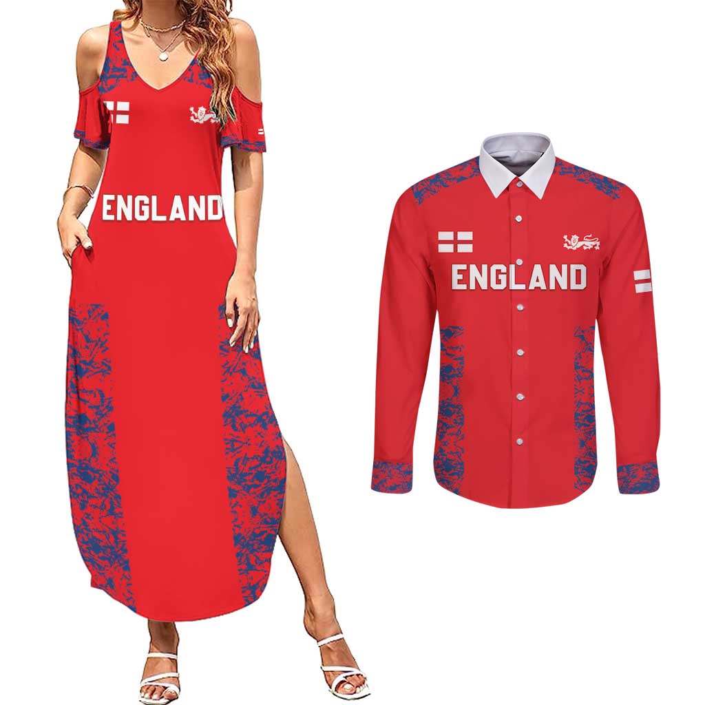 Custom England Cricket Couples Matching Summer Maxi Dress and Long Sleeve Button Shirt Go Three Lions Simple Style LT05 - Wonder Print Shop