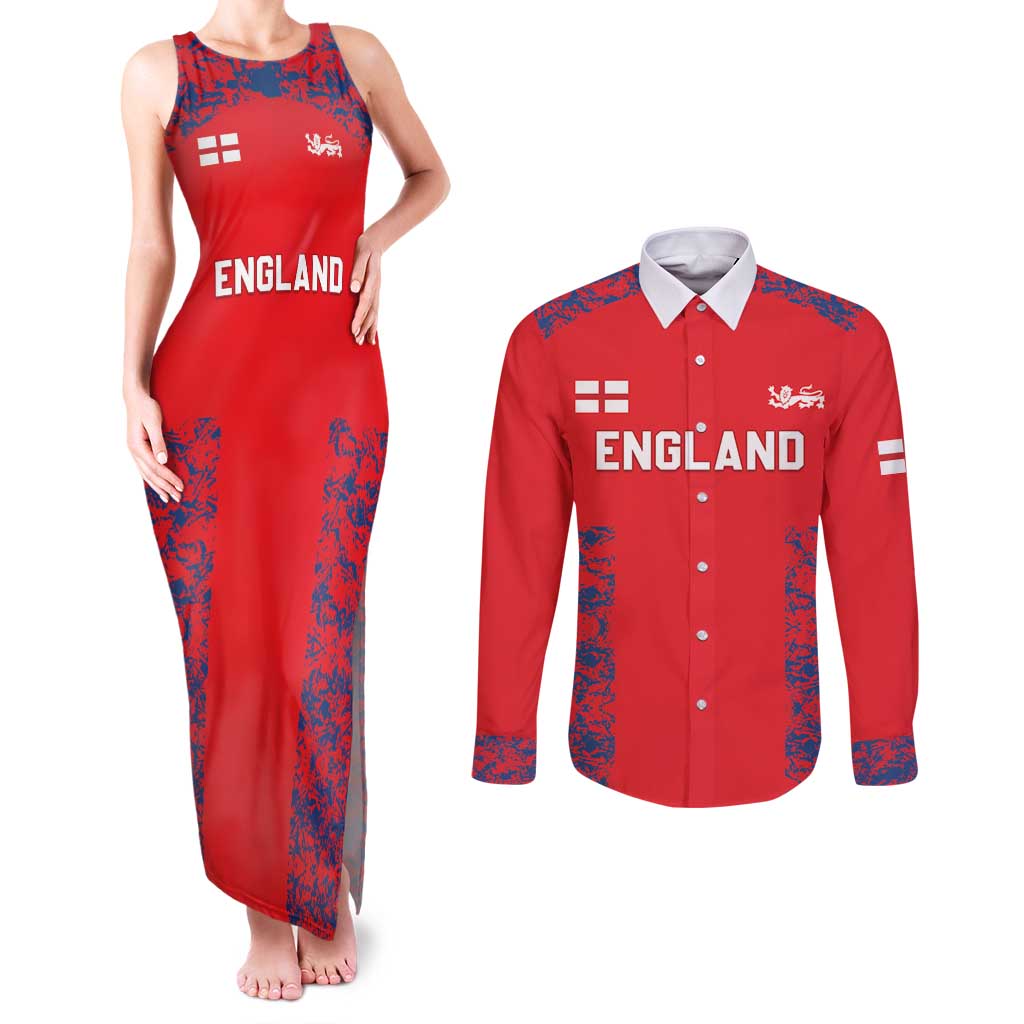 Custom England Cricket Couples Matching Tank Maxi Dress and Long Sleeve Button Shirt Go Three Lions Simple Style LT05 - Wonder Print Shop