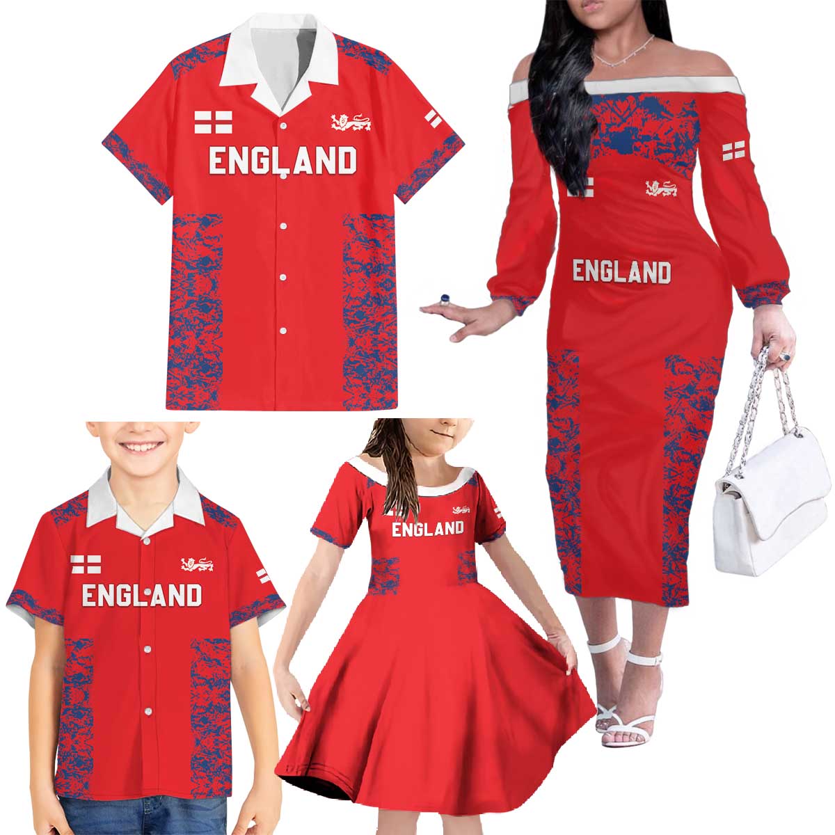 Custom England Cricket Family Matching Off The Shoulder Long Sleeve Dress and Hawaiian Shirt Go Three Lions Simple Style LT05 - Wonder Print Shop