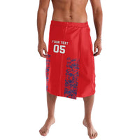 Red cricket lavalava shorts with elastic waistband and YOUR TEXT 05 print