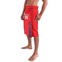Red cricket lavalava shorts with side graphic panel and YOUR TEXT 05 on front
