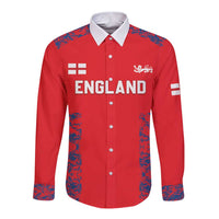 Red long sleeve button shirt with white collar, England graphic and blue side pattern