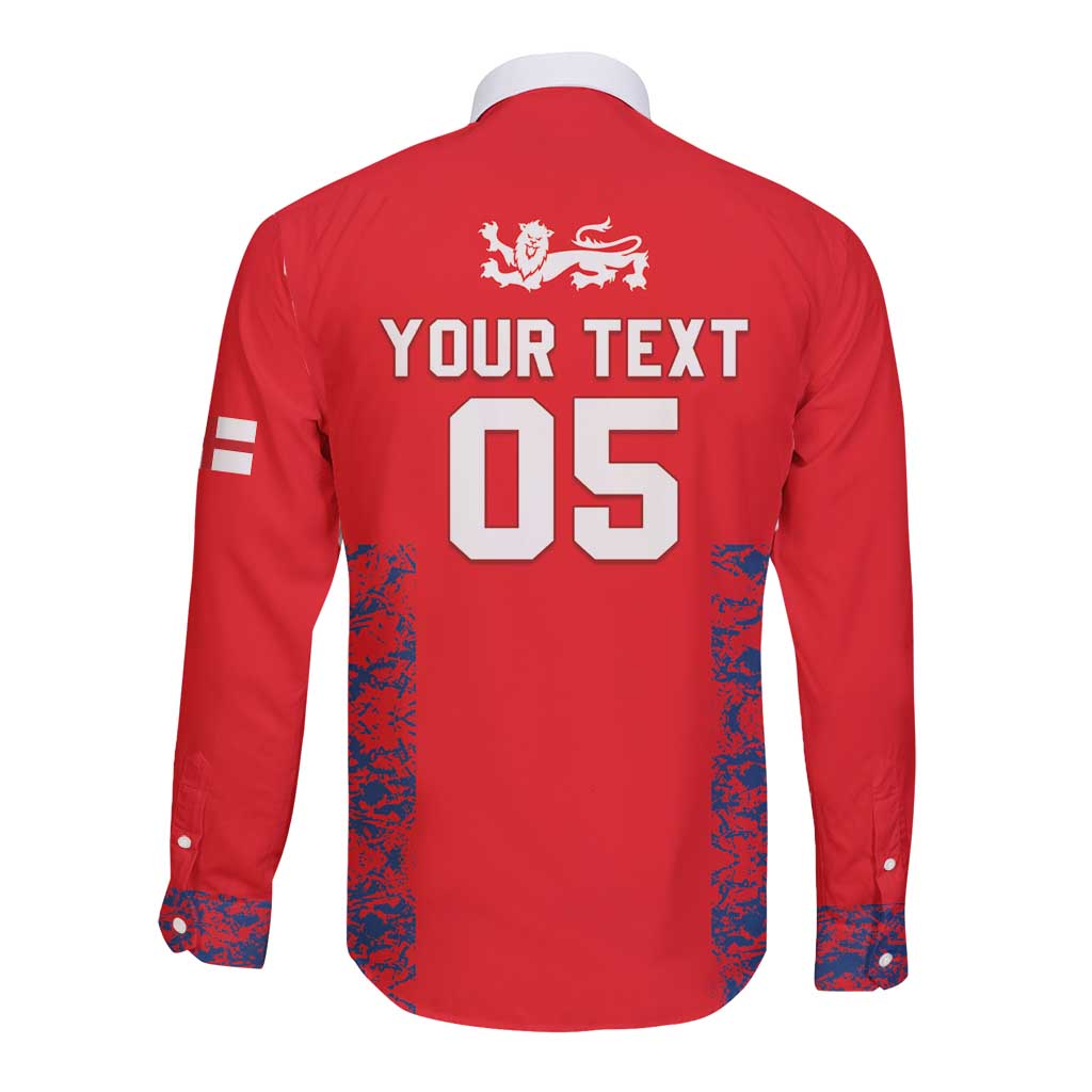 Red long sleeve button shirt back with Your Text and 05 number, lion crest