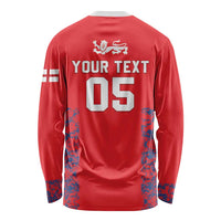 Red long-sleeve cricket shirt with lion crest and 'YOUR TEXT 05' back print