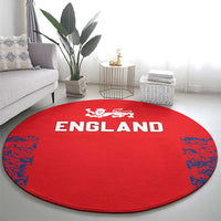 Red round England cricket carpet with white lion crest and bold “ENGLAND” headline