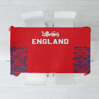 Red England tablecloth with blue lion crest pattern and large “ENGLAND” text