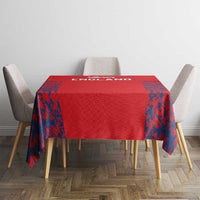 Red tablecloth for dining table with England text centered and blue lion pattern panels