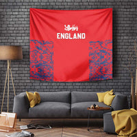 Red England tapestry with white lion crest, “ENGLAND” text, and blue speckled side panels.